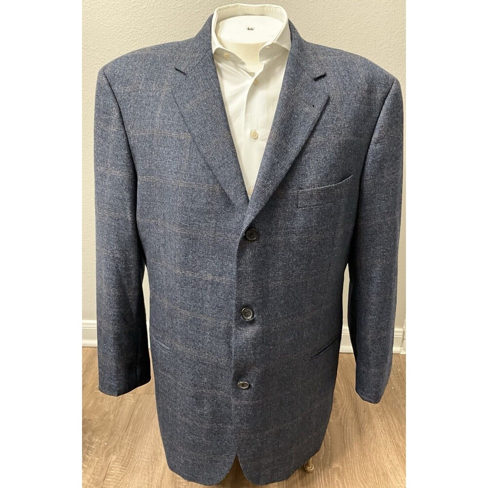 Hugo Boss Loro Piana Men Plaid Sport Jacket 46R Navy Blue Brown Blazer 3 Button